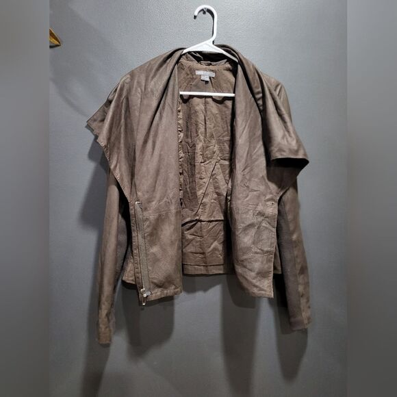 Vince Brown Leather Wool Cotton Blend Drape Neck Moto Jacket Sz S - Picture 12 of 12